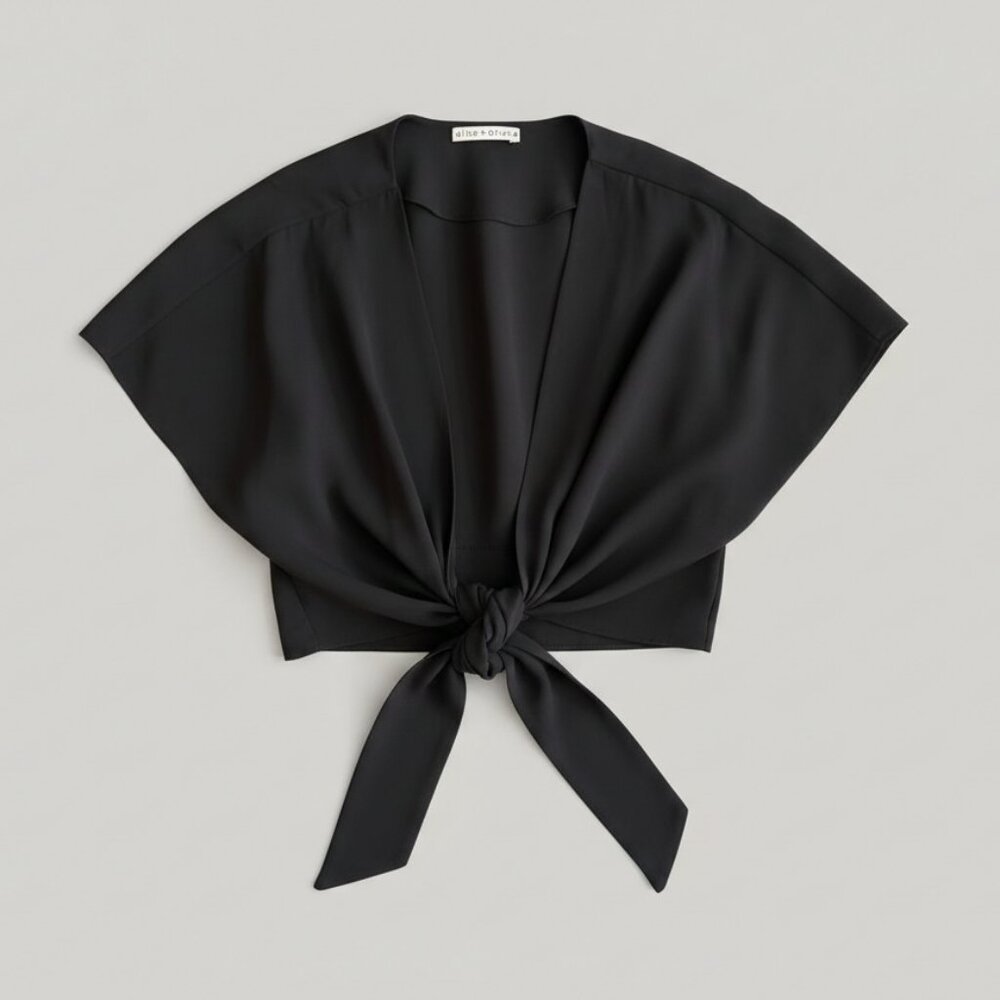 Alice + Olivia XS Black Wrap Tie Cropped Blouse Designer Top
